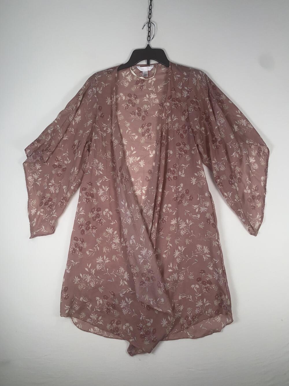 Lauren Conrad Kimono Jacket Womens Medium Pink Floral Sheer Chiffon Open Front